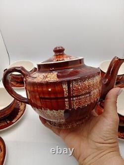 Vtg Rare Brown & Cinnamon Teapot WithCups & Saucers 6 Set James Gilman Portugal