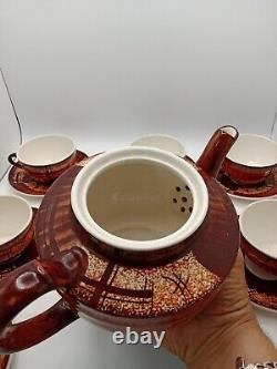 Vtg Rare Brown & Cinnamon Teapot WithCups & Saucers 6 Set James Gilman Portugal