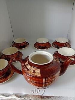 Vtg Rare Brown & Cinnamon Teapot WithCups & Saucers 6 Set James Gilman Portugal