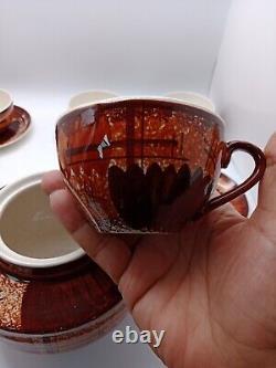 Vtg Rare Brown & Cinnamon Teapot WithCups & Saucers 6 Set James Gilman Portugal