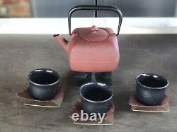 WAZUQU Tetsubin Red Japanese Cast Iron Teapot Set 3 Cast Iron Cups? 6 Saucers