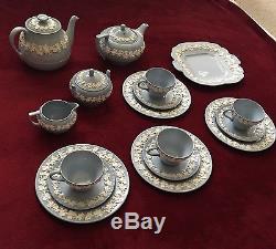 WEDGWOOD SHINY BLUE QUEEN'S WARE 4 Place, Sugar, Creamer, Teapot And Coffeepot