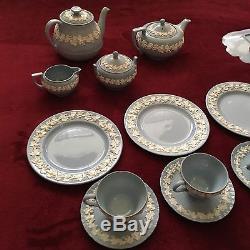WEDGWOOD SHINY BLUE QUEEN'S WARE 4 Place, Sugar, Creamer, Teapot And Coffeepot