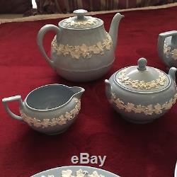 WEDGWOOD SHINY BLUE QUEEN'S WARE 4 Place, Sugar, Creamer, Teapot And Coffeepot