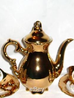 Waldershof Bavaria Germany Tea Set Courting Scene 22K Gold Teapot Cups + Saucers