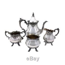 Wallace Silver'Baroque' 4pc Silverplate Teapot Set + Sugar, Creamer, Waste Bowl