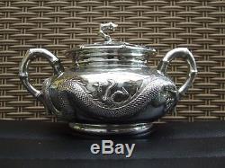 Wang Hing chinese export solid silver tea set, dragon, Silber, China sugar bowl pot