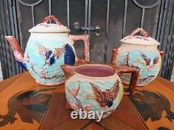 Wardle Majolica Fan & Crane Cherry Blossom Tea Set Teapot Bowl & Creamer c. 1881