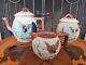 Wardle Majolica Fan & Crane Cherry Blossom Tea Set Teapot Bowl & Creamer C. 1881