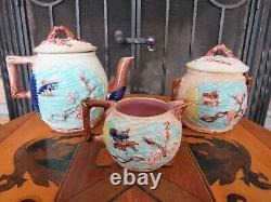 Wardle Majolica Fan & Crane Cherry Blossom Tea Set Teapot Bowl & Creamer c. 1881