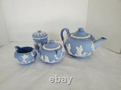 Wedgewood Blue Jasperware Tea Set Teapot Creamer Sugar Bowl Cigarette Holder'53
