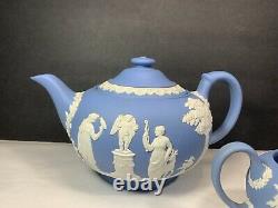 Wedgewood Blue Jasperware Tea Set Teapot Creamer and Sugar Bowl 1954 1953