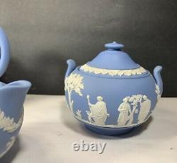 Wedgewood Blue Jasperware Tea Set Teapot Creamer and Sugar Bowl 1954 1953