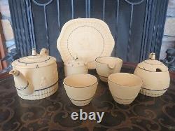 Wedgwood Black Yellow Cane Jasperware Tea Set Teapot, Bowl, Creamer, Pot, Plate