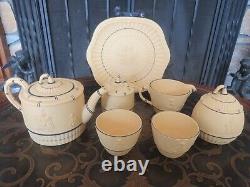 Wedgwood Black Yellow Cane Jasperware Tea Set Teapot, Bowl, Creamer, Pot, Plate