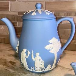 Wedgwood Blue Jasperware 4 pc Coffee / Tea Set Coffee Pot Teapot Cream Sugar