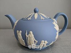 Wedgwood Blue Jasperware Tea Set Teapot, Creamer, Sugar, 2 Cups & Saucers 9 Pcs