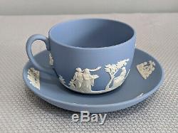 Wedgwood Blue Jasperware Tea Set Teapot, Creamer, Sugar, 2 Cups & Saucers 9 Pcs