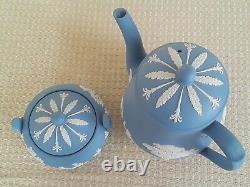 Wedgwood Blue Jasperware Teapot Creamer Sugar Bowl & 4 Cups WithSaucers Set