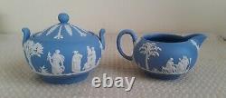 Wedgwood Blue Jasperware Teapot Creamer Sugar Bowl & 4 Cups WithSaucers Set