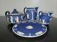 Wedgwood Dark Blue Jasperware Tea Set (teapot, Creamers And Plate)