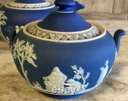 Wedgwood Dark Blue Jasperware Teapot Cream Sugar C. 1891-1900 Tea Set & Pitcher
