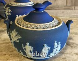 Wedgwood Dark Blue Jasperware Teapot Cream Sugar C. 1891-1900 Tea Set & Pitcher