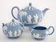 Wedgwood England Blue And White Jasperware Tea Pot, Creamer, Sugar Bowl Set