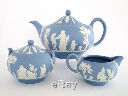 Wedgwood England Blue and White Jasperware Tea Pot, Creamer, Sugar Bowl Set