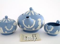 Wedgwood England Blue and White Jasperware Tea Pot, Creamer, Sugar Bowl Set