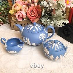 Wedgwood England JASPERWARE BLUE TEAPOT With SUGAR BOWL AND CREAMER Set Mint