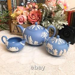 Wedgwood England JASPERWARE BLUE TEAPOT With SUGAR BOWL AND CREAMER Set Mint