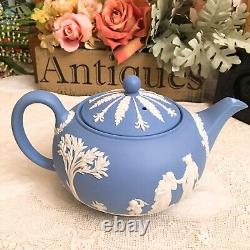 Wedgwood England JASPERWARE BLUE TEAPOT With SUGAR BOWL AND CREAMER Set Mint