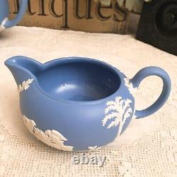 Wedgwood England JASPERWARE BLUE TEAPOT With SUGAR BOWL AND CREAMER Set Mint