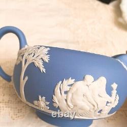 Wedgwood England JASPERWARE BLUE TEAPOT With SUGAR BOWL AND CREAMER Set Mint