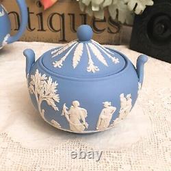 Wedgwood England JASPERWARE BLUE TEAPOT With SUGAR BOWL AND CREAMER Set Mint