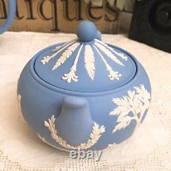 Wedgwood England JASPERWARE BLUE TEAPOT With SUGAR BOWL AND CREAMER Set Mint