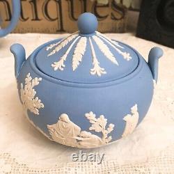 Wedgwood England JASPERWARE BLUE TEAPOT With SUGAR BOWL AND CREAMER Set Mint