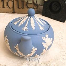 Wedgwood England JASPERWARE BLUE TEAPOT With SUGAR BOWL AND CREAMER Set Mint