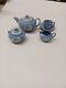 Wedgwood England Jasperware Blue Teapot Withsugar, Creamer, Pitcher, Cup, Saucer Set