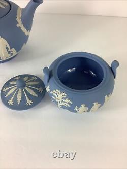 Wedgwood England JASPERWARE Blue Teapot With Sugar Bowl AND Creamer Set READ