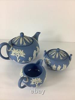Wedgwood England JASPERWARE Blue Teapot With Sugar Bowl AND Creamer Set READ