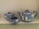 Wedgwood England Jasperware White On Blue Teapot Withsugar, Creamer