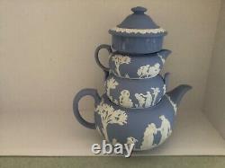 Wedgwood England JASPERWARE White on Blue Teapot WithSugar, Creamer