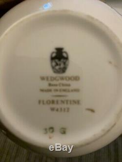 Wedgwood Florentine Black Tea Set for 6. Teapot, Sugar, Creamer, Plates, C&S