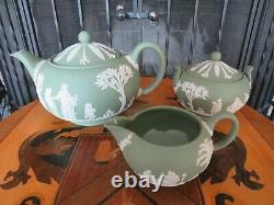 Wedgwood Green Jasperware Sacrifice Figures Tea Set Teapot, Sugar Bowl, Creamer