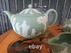 Wedgwood Green Jasperware Sacrifice Figures Tea Set Teapot, Sugar Bowl, Creamer