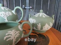 Wedgwood Green Jasperware Sacrifice Figures Tea Set Teapot, Sugar Bowl, Creamer