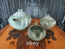 Wedgwood Green Jasperware Sacrifice Figures Tea Set Teapot, Sugar Bowl, Creamer