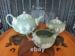 Wedgwood Green Jasperware Sacrifice Figures Tea Set Teapot, Sugar Bowl, Creamer
